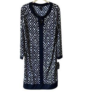 NEW INC Navy/White Geometric Long Sleeve Jersey Keyhole Dress, OX